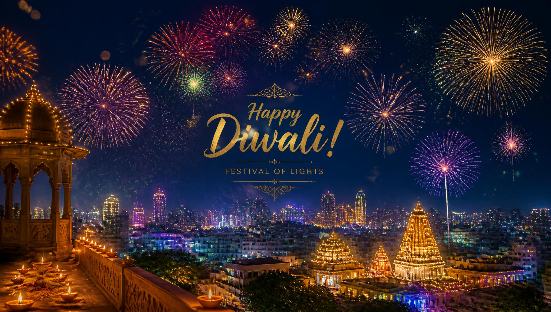 Diwali fireworks lighting the night sky above a city